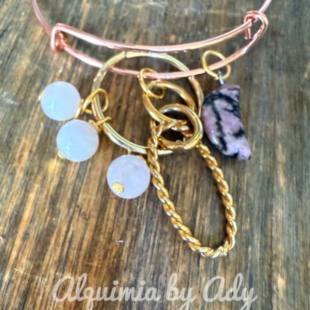 Rhodonite moon  pink quartz  pave heart charms bracelet  gold - Picture 5 of 5